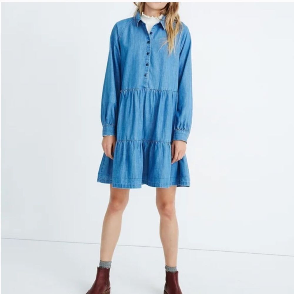 Madewell Light Blue Denim Tiered Long Sleeve Dress